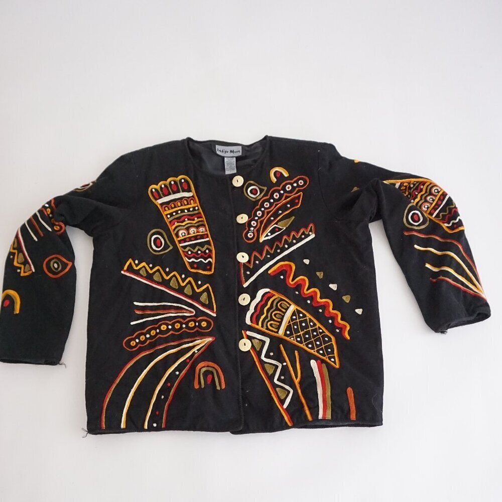 Vintage Indigo Moon Embroidered Black Jacket Boho Artsy Eclectic Grandmacore L - Picture 1 of 10